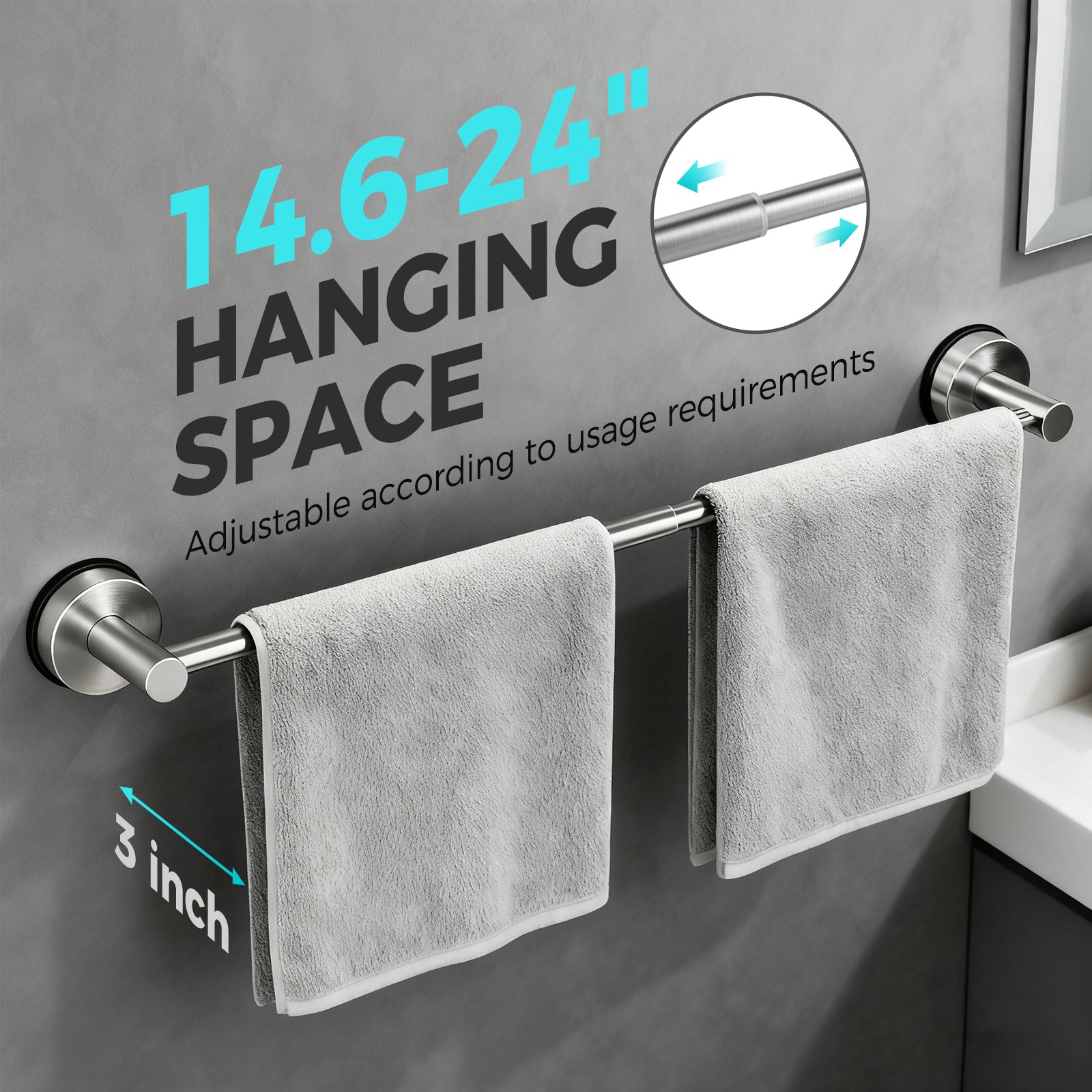 Adjustable Suction Cup Towel Bar for Bathroom Wall,14.6Inch~24 Inch Towel Racks for Bathroom,Stainless Steel Bath Towel Holder for Shower - Image 2