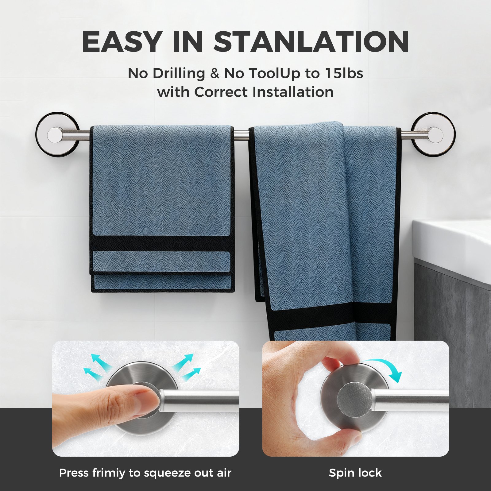 Adjustable Suction Cup Towel Bar for Bathroom Wall,14.6Inch~24 Inch Towel Racks for Bathroom,Stainless Steel Bath Towel Holder for Shower - Image 3