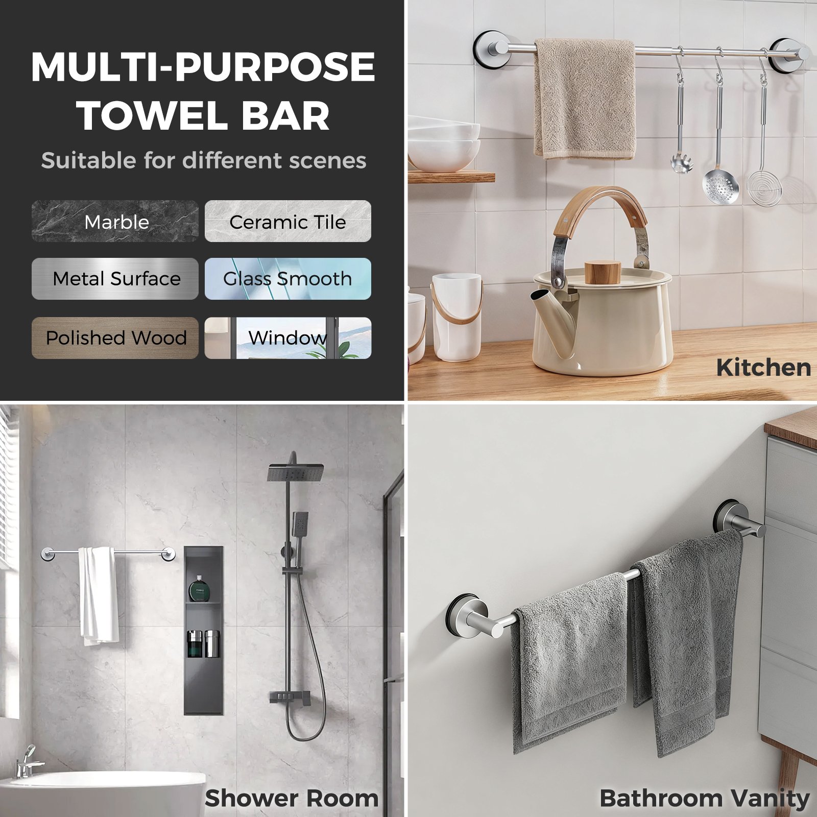 Adjustable Suction Cup Towel Bar for Bathroom Wall,14.6Inch~24 Inch Towel Racks for Bathroom,Stainless Steel Bath Towel Holder for Shower - Image 5